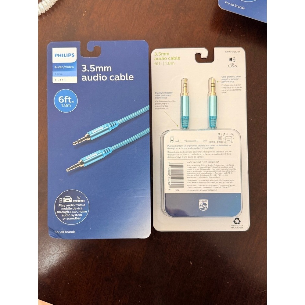 2pk Philips 3.5mm Audio Cable Universal 6ft Blue‎ Elite HD Audio Aux Cord NWT